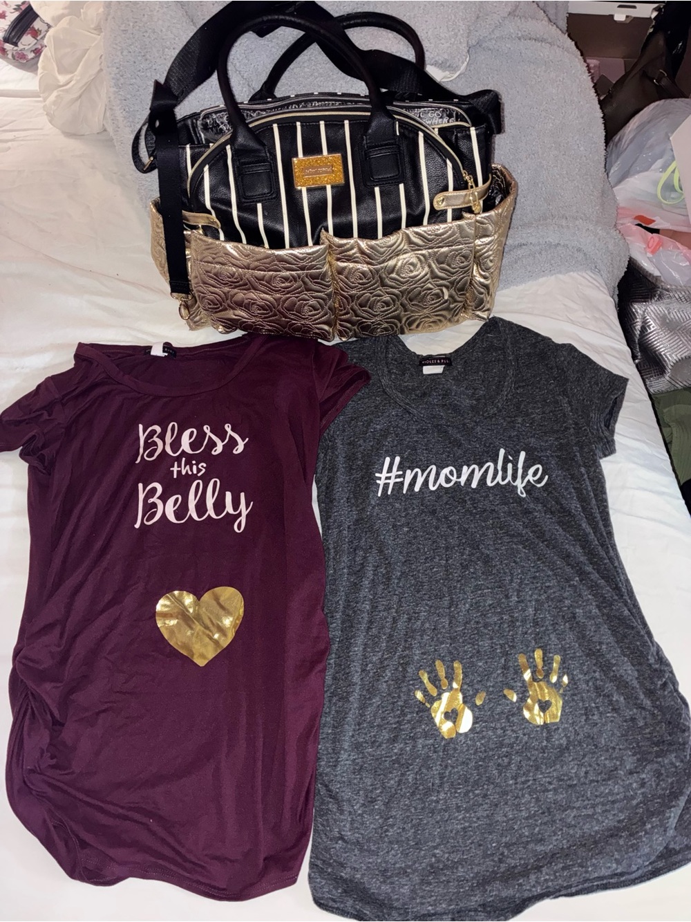 Betsy Johnson Diaper Bag and 2 Maternity Shirts